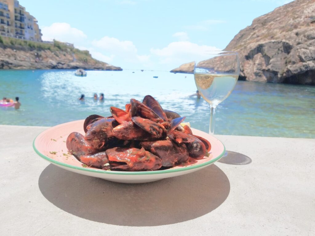 Mussels in tomato & garlic at MobyDick seafood restaurant in Xlendi Gozo